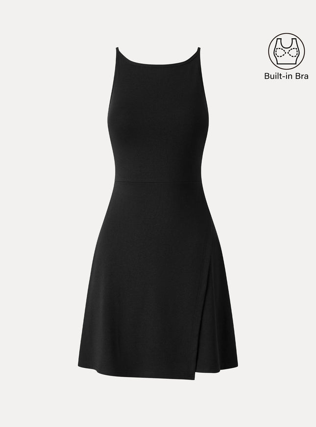 Viscose-Cotton Boatneck Sleeveless Wrap Mini Built-In Bra Dress