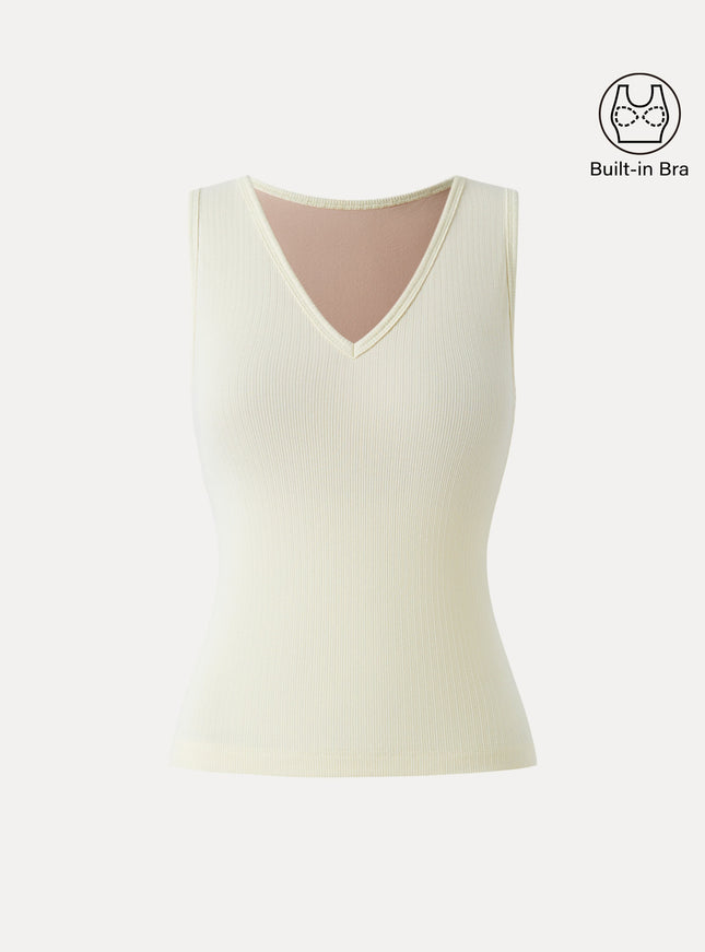 Stretch Cotton Pointelle V-neck Sleeveless Built-In Bra Tank