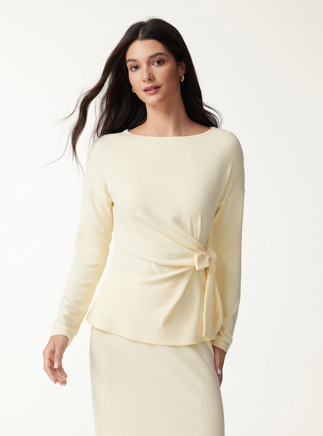 Boatneck Long Sleeve Tie-Waist Top
