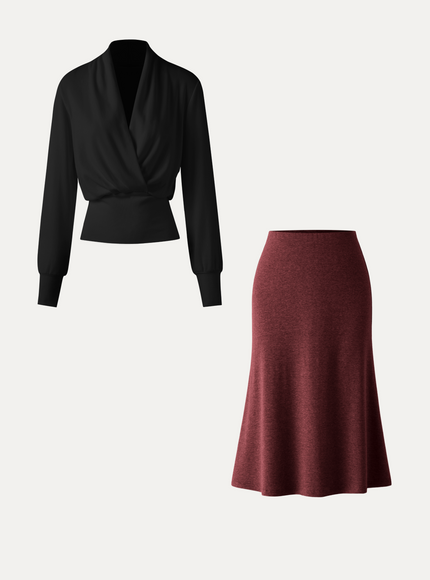 2Pcs Set Surplice Banded Hem Top & Soft Pull-On Midi Skirt