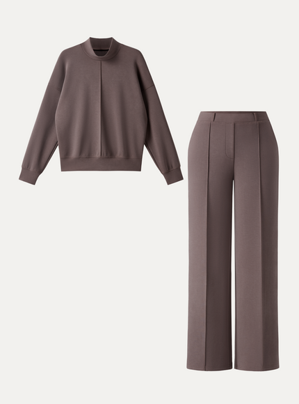 2Pcs Set Mockneck Pullover Shirt & Mid Rise Straight Leg Pants with Pockets