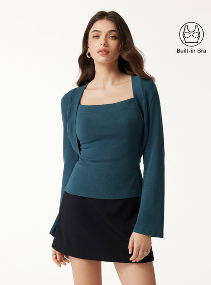 3Pcs Set Cardigan & Built-In Bra Cami & Side-Slit Column Midi Skirt