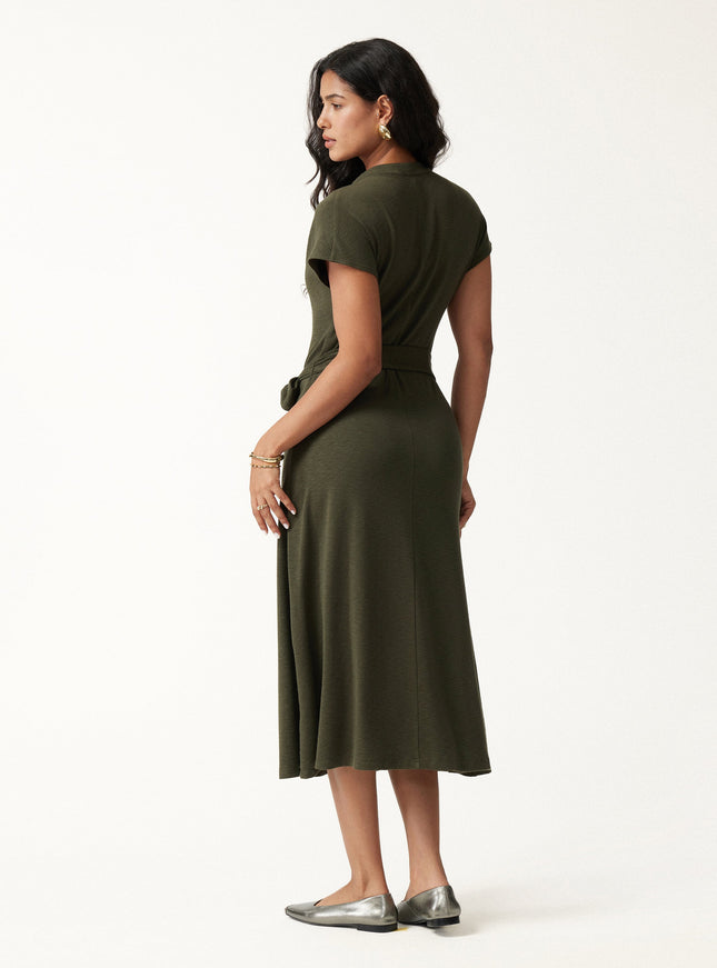 Neck Short Sleeve Belted Midi Dress