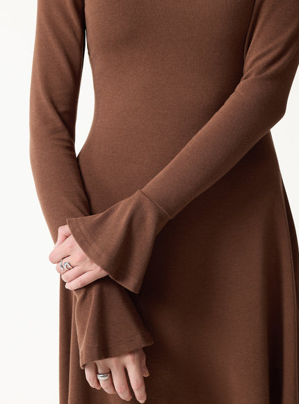 Mock Neck Flared Long Sleeve A-Line Mini Built-In Bra Dress