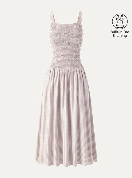 Striped Poplin Square Neck Smocked Midi Built-In Bra Dress