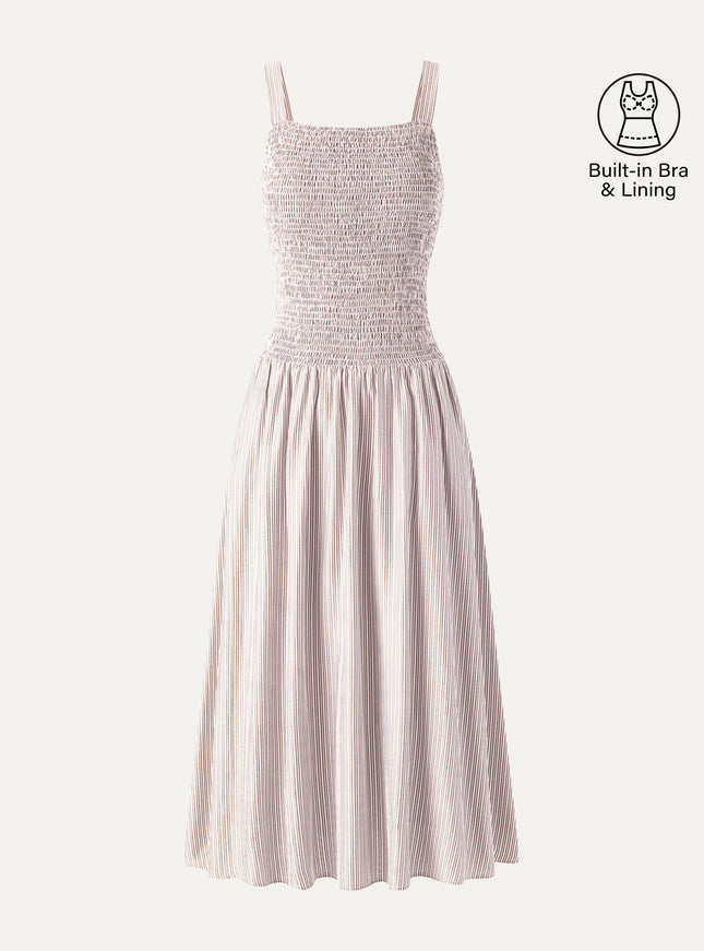 Striped Poplin Square Neck Smocked Midi Built-In Bra Dress