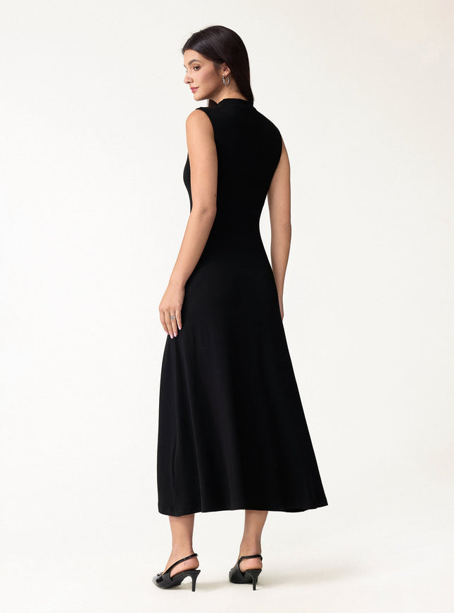 Mock Neck Sleeveless A-Line Midi Built-In Bra Dress