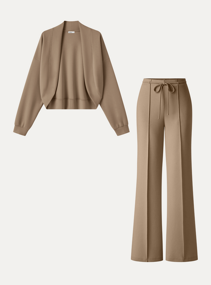 2Pcs Set Long Sleeve Drop-Shoulder Cardigan & High-Rise Flare Pants with Pockets