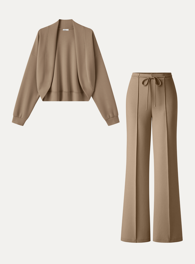 2Pcs Set Long Sleeve Drop-Shoulder Cardigan & High-Rise Flare Pants with Pockets