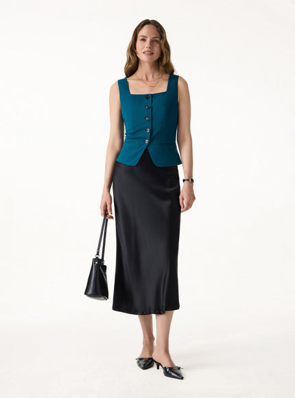 Stretch Ponte Square Neck Cropped Waistcoat with Pockets
