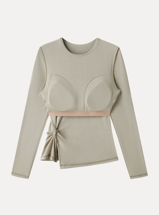 Round Neck Long Sleeve Twist-Hem Built-In Bra Top