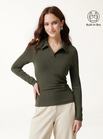 Office Staple V-Neck Lapel Long Sleeve Built-In Bra Top
