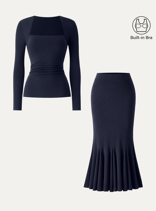 2Pcs Set Trapeze Neck Ruched Built-In Bra Top & High-Rise Mermaid Midi Skirt