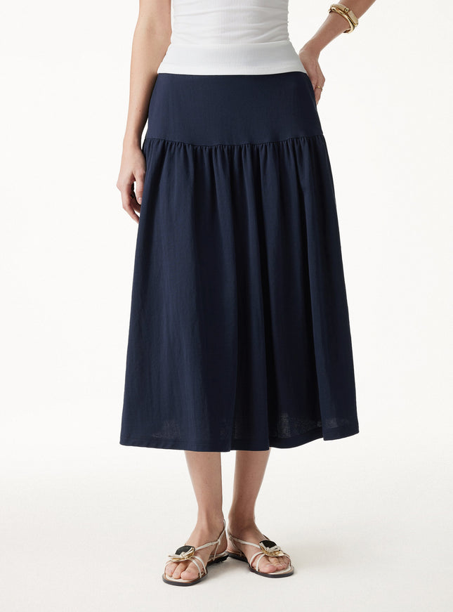 Cotton-Linen Gathered Midi Skirt with Pockets