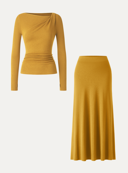 2Pcs Set Asymmetrical Neck Ruched Top & High-Rise A-Line Maxi Skirt