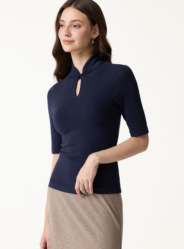 Teardrop Neck Elbow Sleeve Built-In Bra Top