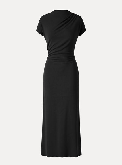 Mock Neck Cap Sleeve Ruched Midi Dress
