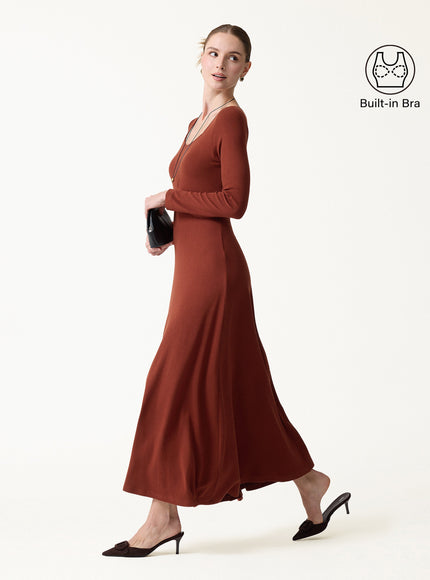 Diamond Neck Long Sleeve Drapey Maxi Built-In Bra Dress