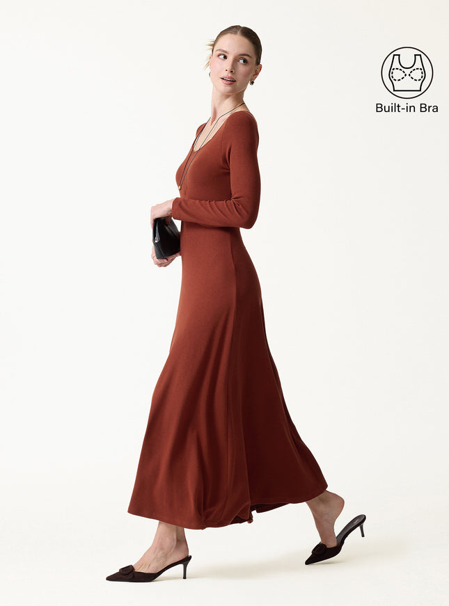 Diamond Neck Long Sleeve Drapey Maxi Built-In Bra Dress