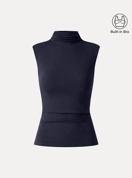 Mock Neck Sleeveless Ruched Built-In Bra Top