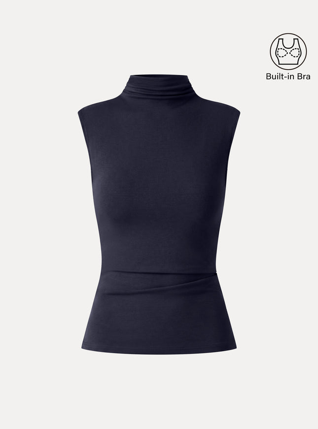 Mock Neck Sleeveless Ruched Built-In Bra Top