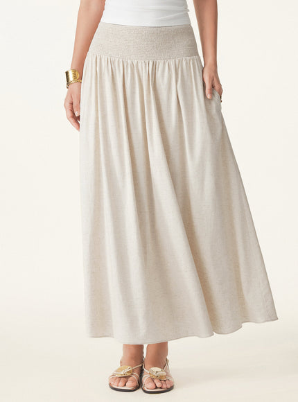 European Linen Smocked Waist Skirt with Pockets