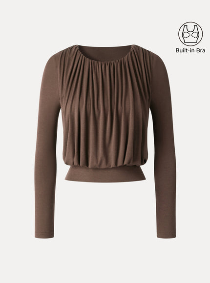 Lyocell-Wool Round Neck Long Sleeve Tucked Built-In Bra Top