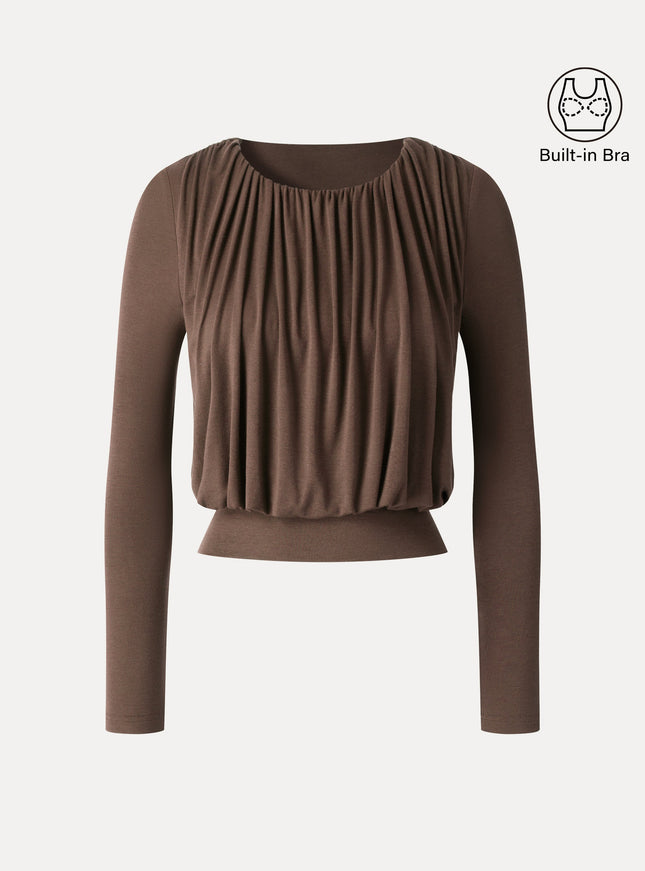 Lyocell-Wool Round Neck Long Sleeve Tucked Built-In Bra Top