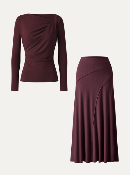 2Pcs Set Asymmetrical Neck Top & Drapey A-Line Midi Skirt