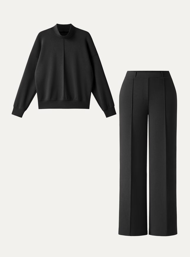 2Pcs Set Mockneck Pullover Shirt & Mid Rise Straight Leg Pants with Pockets