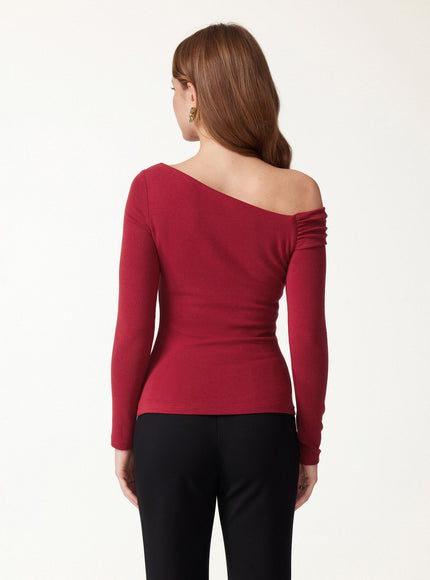 Asymmetrical Neck Long Sleeve Built-In Bra Top