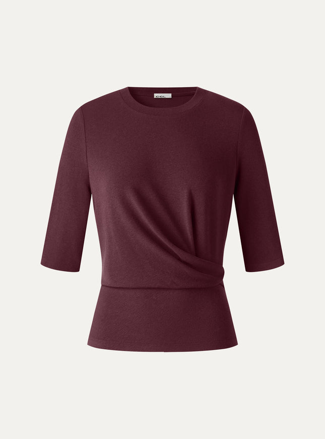 Round Neck Elbow Sleeve Side-Tuck Top