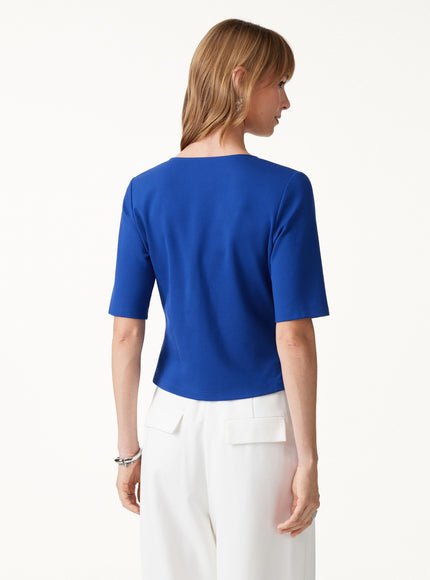 2Pcs Set Surplice Elbow Sleeve Top & Mid-Rise Wide-Leg Tuck Pants with Pockets