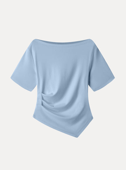 Cotton Blend Boatneck Elbow Sleeve Asymmetrical Tucked Top