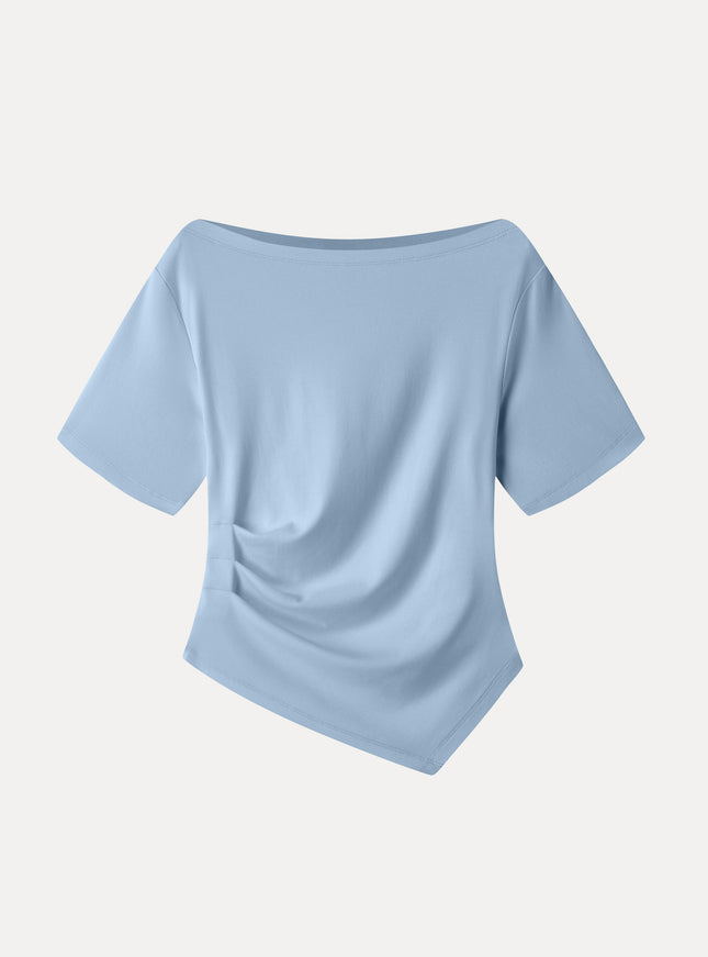 Cotton Blend Boatneck Elbow Sleeve Asymmetrical Tucked Top