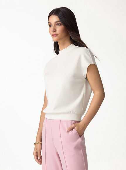 Modal Spacer Knit Mock Neck Cap Sleeve Banded Hem Top