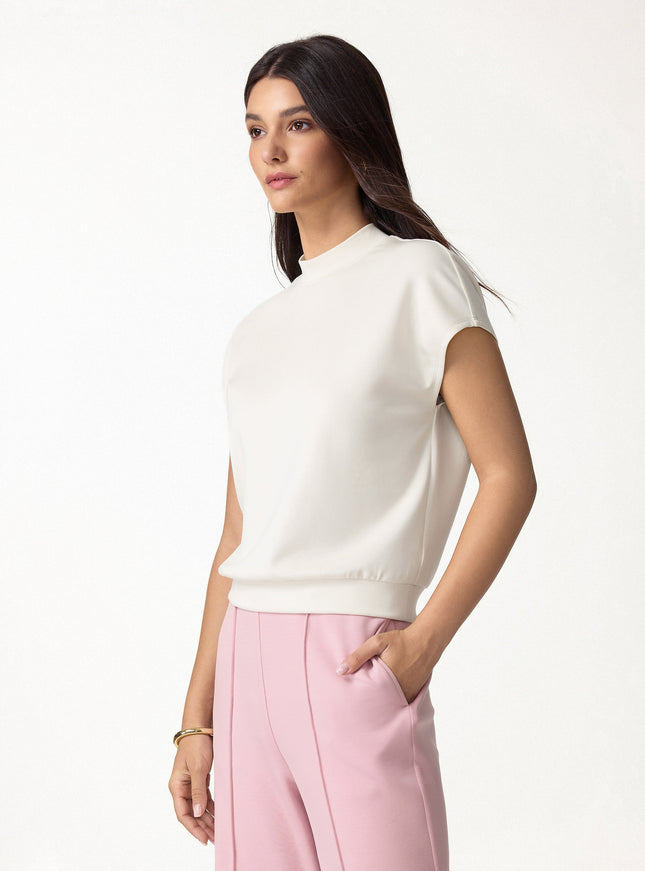 Modal Spacer Knit Mock Neck Cap Sleeve Banded Hem Top