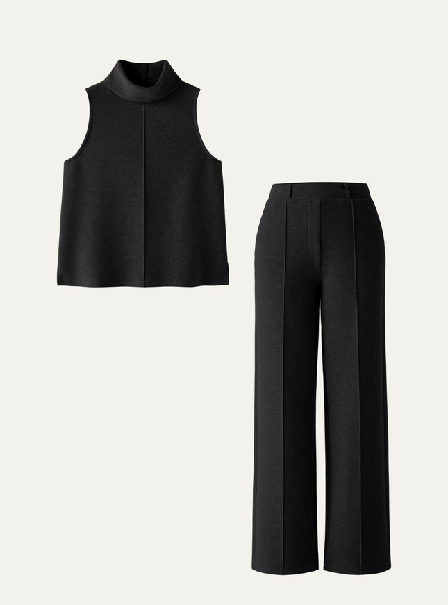 2Pcs Set Tall Turtle Neck Split Hem Top & High Waisted Warm Straight Leg Pull On Pant