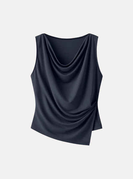Cowl Neck Asymmetrical Tucked Sleeveless Top
