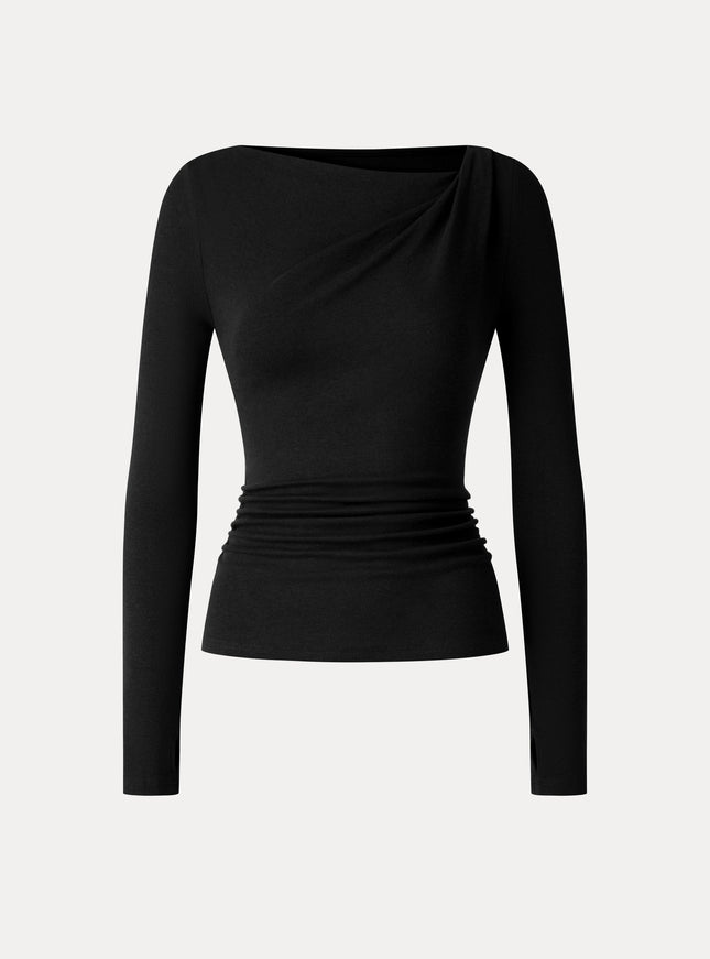Asymmetrical Neck Long Sleeve Ruched Top