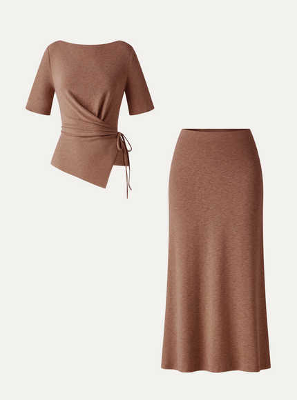 2Pcs Set Short Sleeve Tie-Side Top & Side-Slit A-Line Midi Skirt