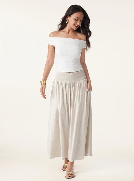 European Linen Smocked Waist Skirt with Pockets