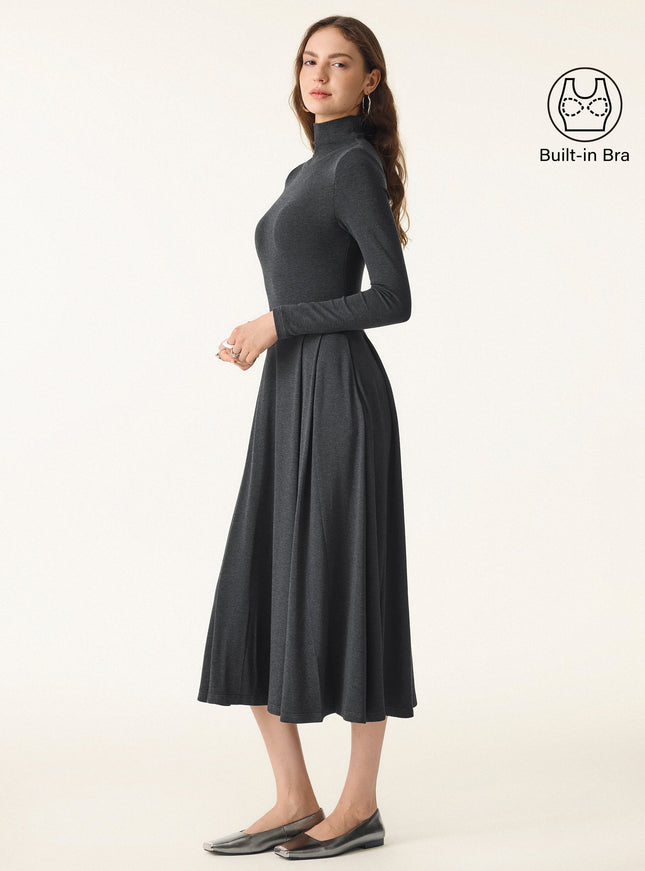 Mockneck Pleated Midi Built-In Bra Dress with Pockets