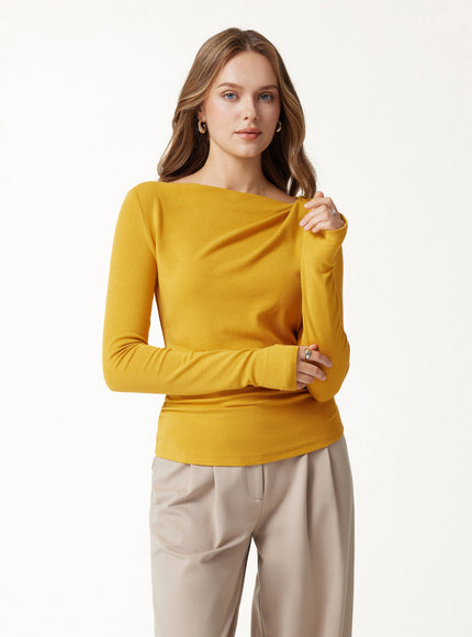 Asymmetrical Neck Long Sleeve Ruched Top