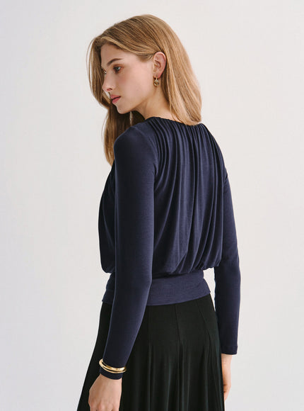 Lyocell-Wool Round Neck Long Sleeve Tucked Built-In Bra Top
