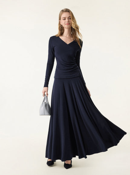 2Pcs Set Surplice Ruched Long Sleeve & Godet Hem Pull-on Maxi Skirt