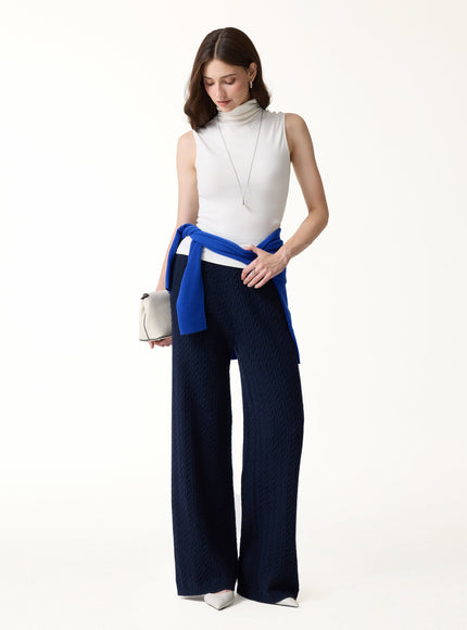 Merino-Blend Cable-Knit Wide-Leg Pants with Pockets