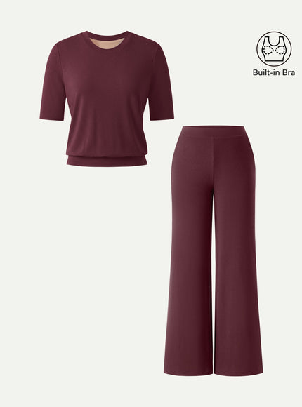 2Pcs Set Regular Mid Rise Wide Leg Pants & Crewneck Built-In Bra Top