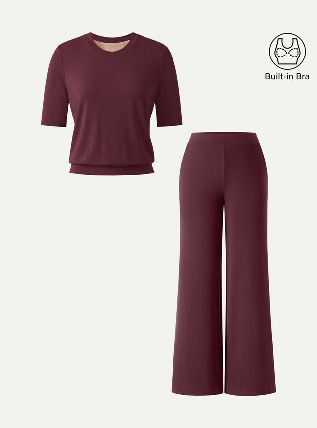 2Pcs Set Regular Mid Rise Wide Leg Pants & Crewneck Built-In Bra Top