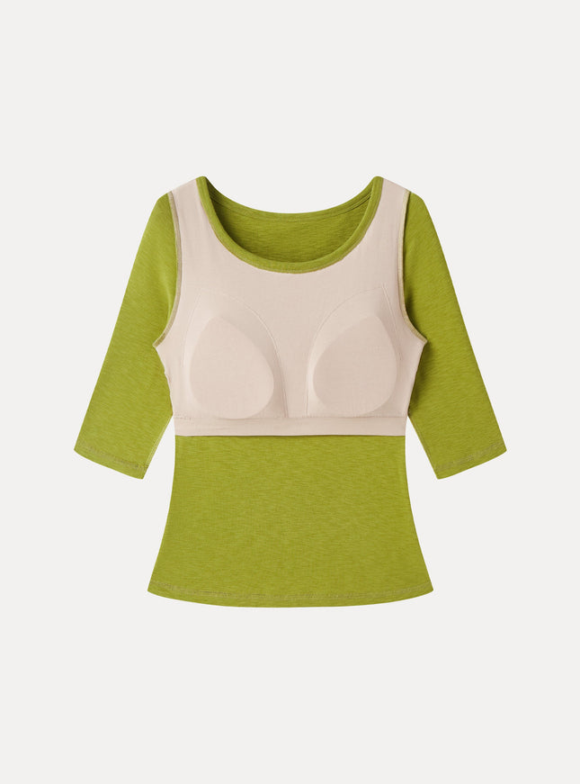 Round Neck Elbow Sleeve Built-In Bra Top